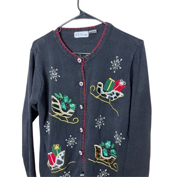 Vintage BP Design Christmas Cardigan Leopard Fur Sleighs Sequins/Pearls Size S - Picture 3 of 9